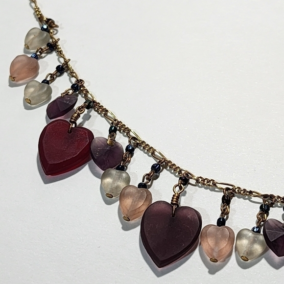 Vintage Pididdly Links Goldtone Czech frosted glass heart charm necklace 24" - Picture 8 of 11
